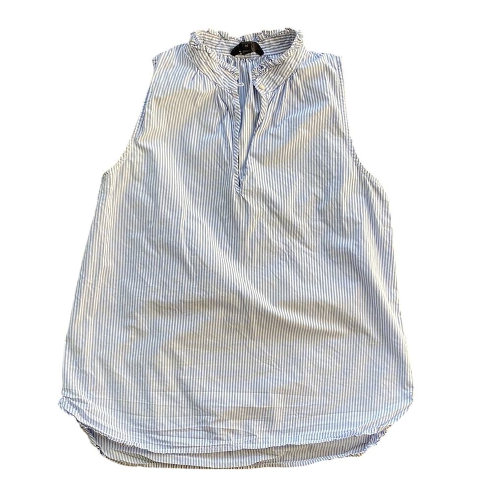 J.CREW Ruffled Neck Tank Top Womens Sz 00 Blue White Stripe Nautical